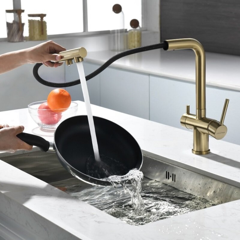 Смеситель для кухонной мойки Paulmark Serpentine Se213222-LG, с подключением к фильтру питьевой воды, золото светлое
