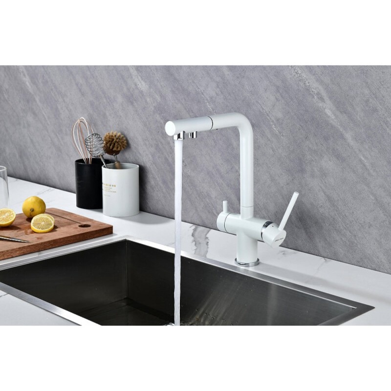 Смеситель Paulmark Serpentine Se213222-WH для кухонной мойки с подключением к фильтру питьевой воды, белый матовый