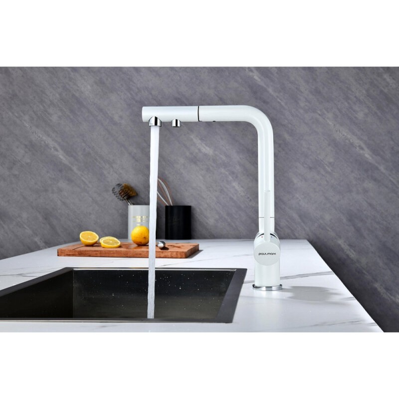 Смеситель Paulmark Serpentine Se213222-WH для кухонной мойки с подключением к фильтру питьевой воды, белый матовый
