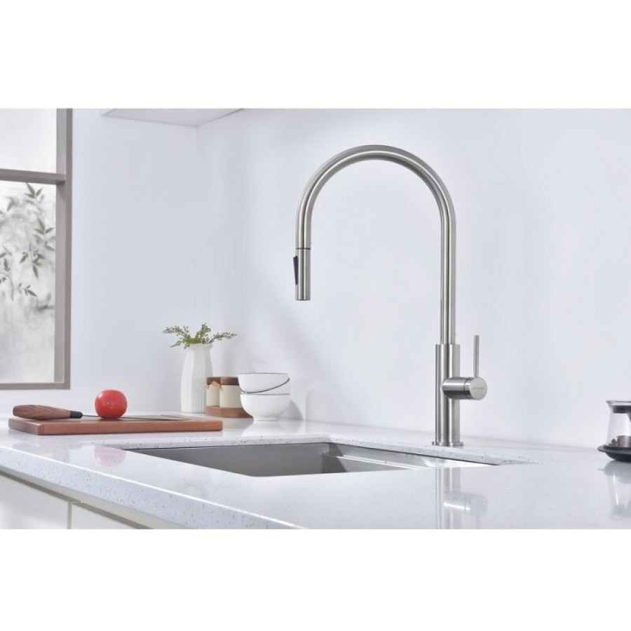Смеситель для кухонной мойки Paulmark Senso Se215180-BS, сенсорный, с вытяжным изливом, нержавеющая сталь