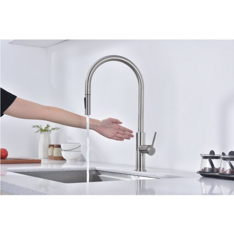 Смеситель для кухонной мойки Paulmark Senso Se215180-BS, сенсорный, с вытяжным изливом, нержавеющая сталь