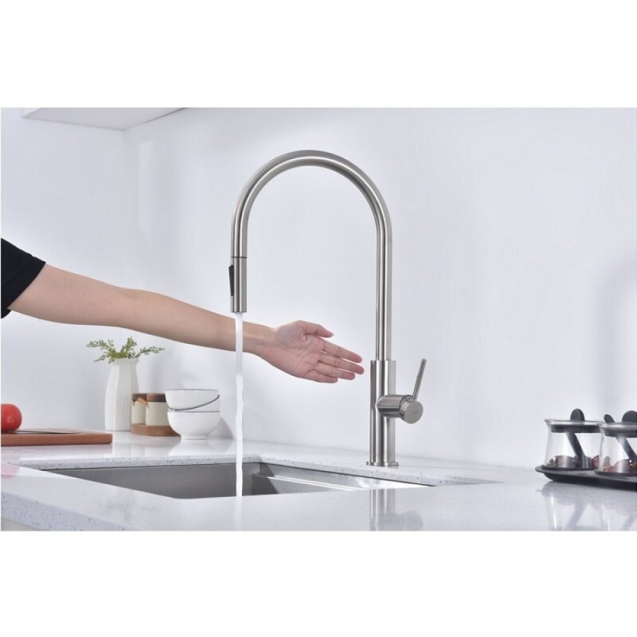 Смеситель для кухонной мойки Paulmark Senso Se215180-BS, сенсорный, с вытяжным изливом, нержавеющая сталь