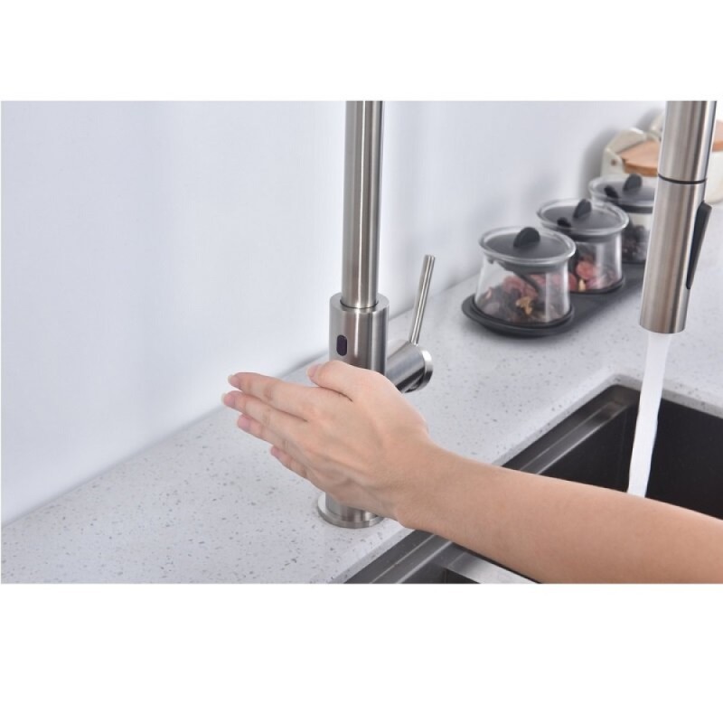Смеситель для кухонной мойки Paulmark Senso Se215180-BS, сенсорный, с вытяжным изливом, нержавеющая сталь