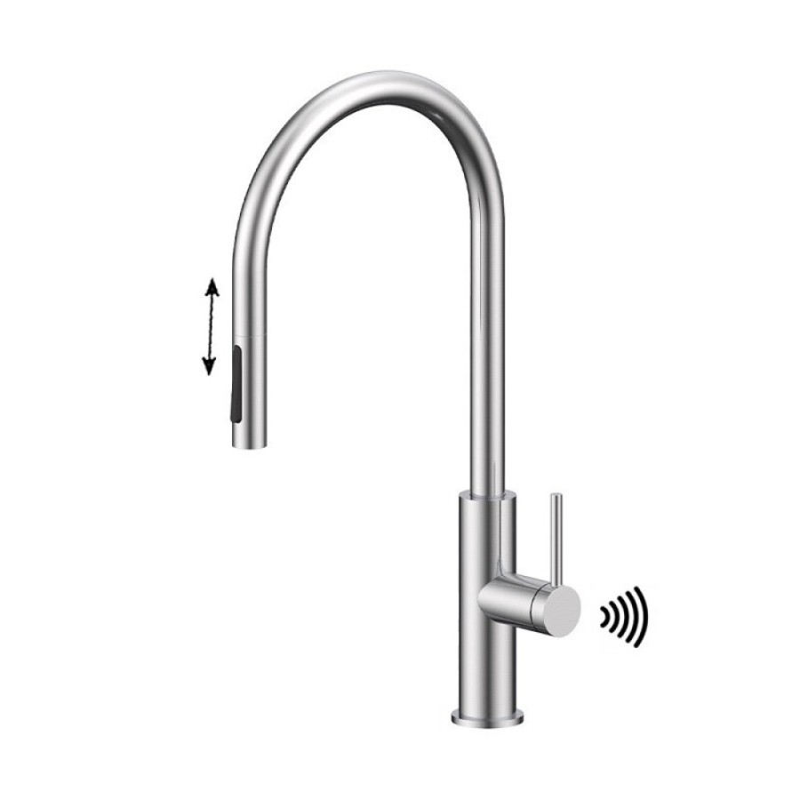 Смеситель для кухонной мойки Paulmark Senso Se215180-BS, сенсорный, с вытяжным изливом, нержавеющая сталь
