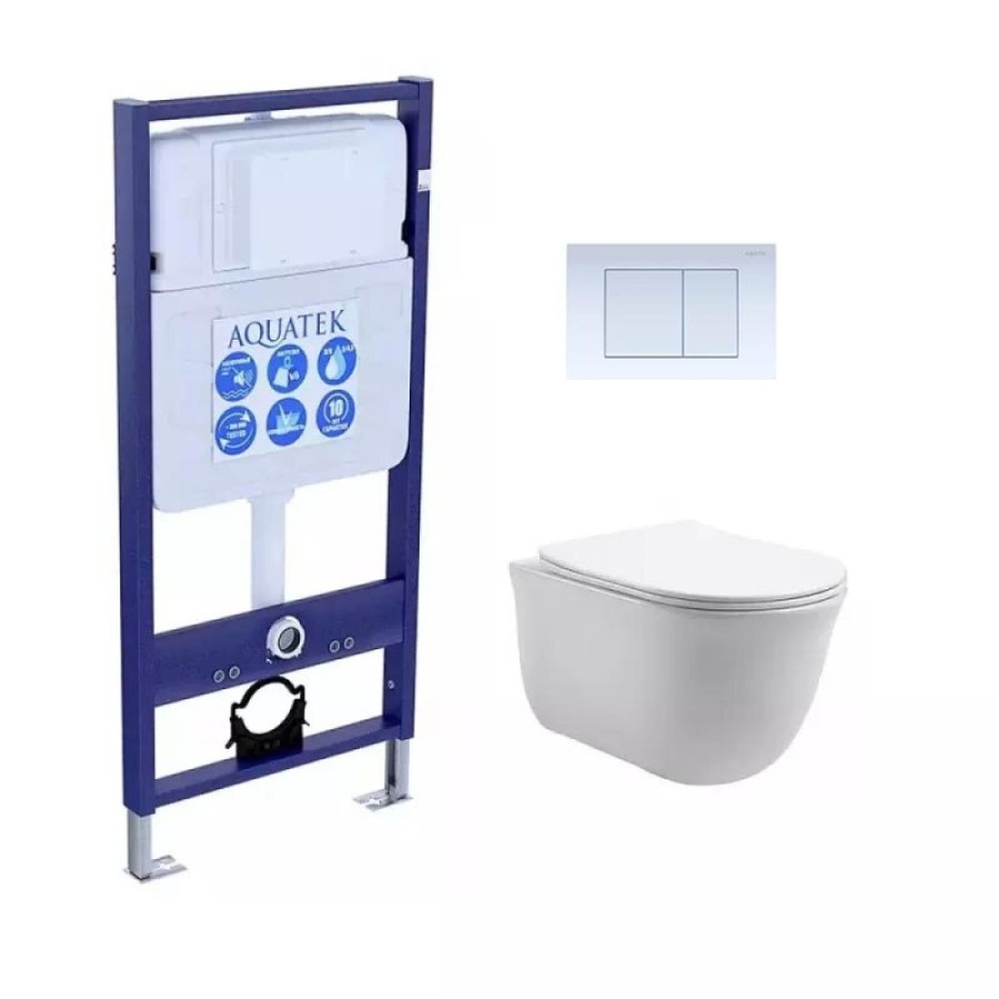 Инсталляция Aquatek Standart с безободковым унитазом Aquatek Классик, крышка микролифт, клавиша белая, крепеж в комплекте, SET AQUATEK КЛАССИК-009 4в1