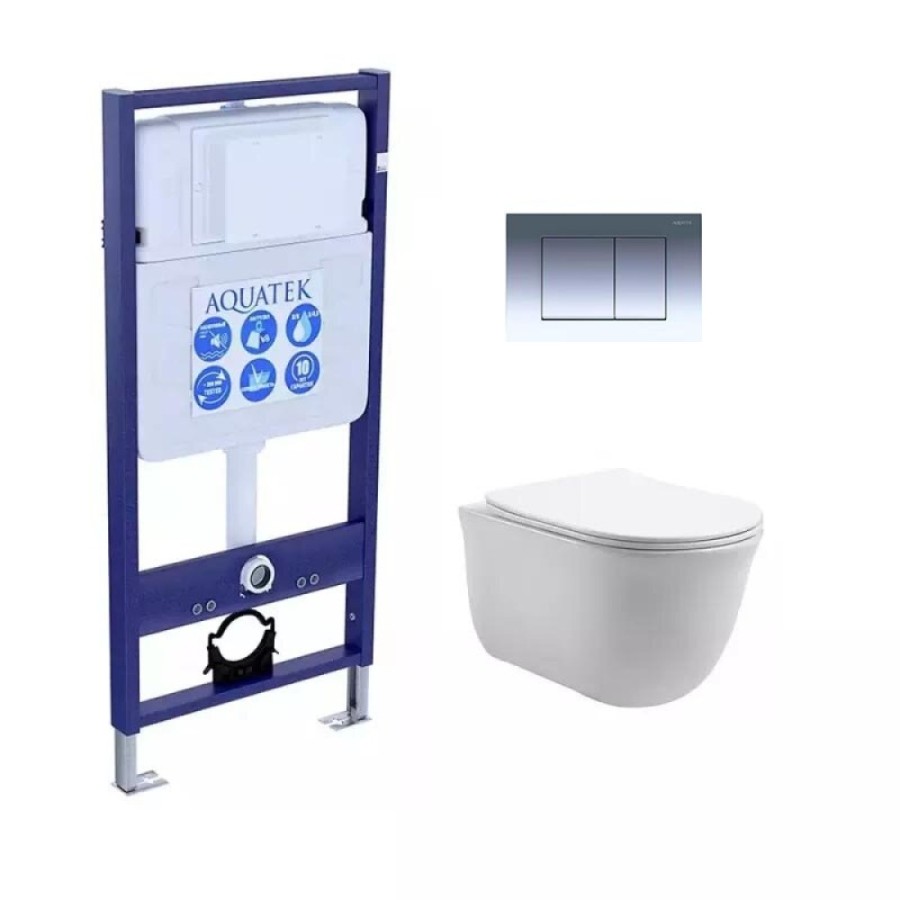 Инсталляция Aquatek Standart с безободковым унитазом Aquatek Классик, крышка микролифт, клавиша хром, крепеж в комплекте, SET AQUATEK КЛАССИК-010 4в1
