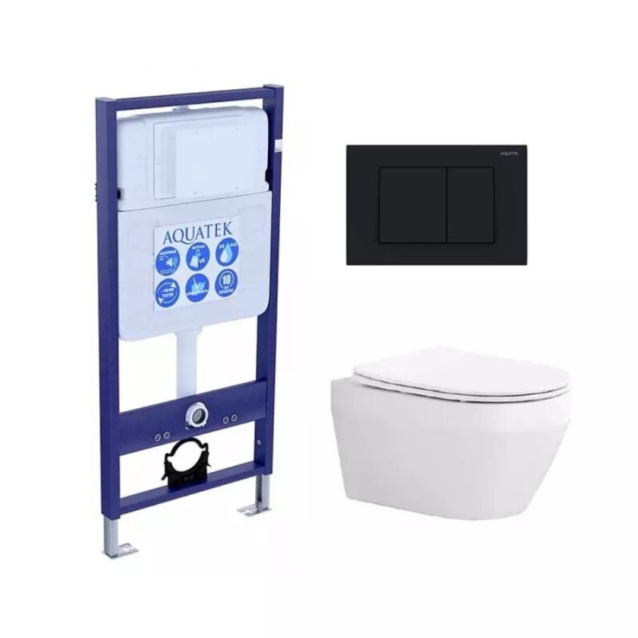 Инсталляция Aquatek Standart с безободковым унитазом Aquatek Лея, крышка микролифт, клавиша черная, крепеж в комплекте, SET AQUATEK ЛЕЯ-012 4в1