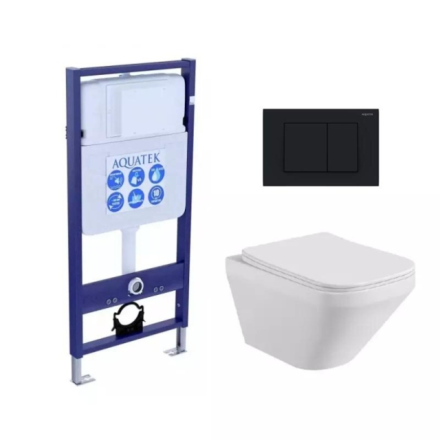 Инсталляция Aquatek Standart с безободковым унитазом Aquatek Лира SET AQUATEK ЛИРА, крышка микролифт, клавиша черная, крепеж в комплекте, SET AQUATEK ЛИРА-012 4в1