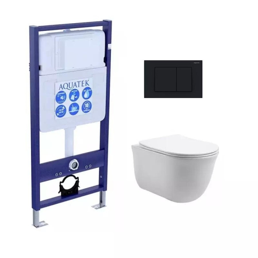 Инсталляция Aquatek Standart с безободковым унитазом Aquatek Классик, крышка микролифт, клавиша черная, крепеж в комплекте, SET AQUATEK КЛАССИК-012 4в1