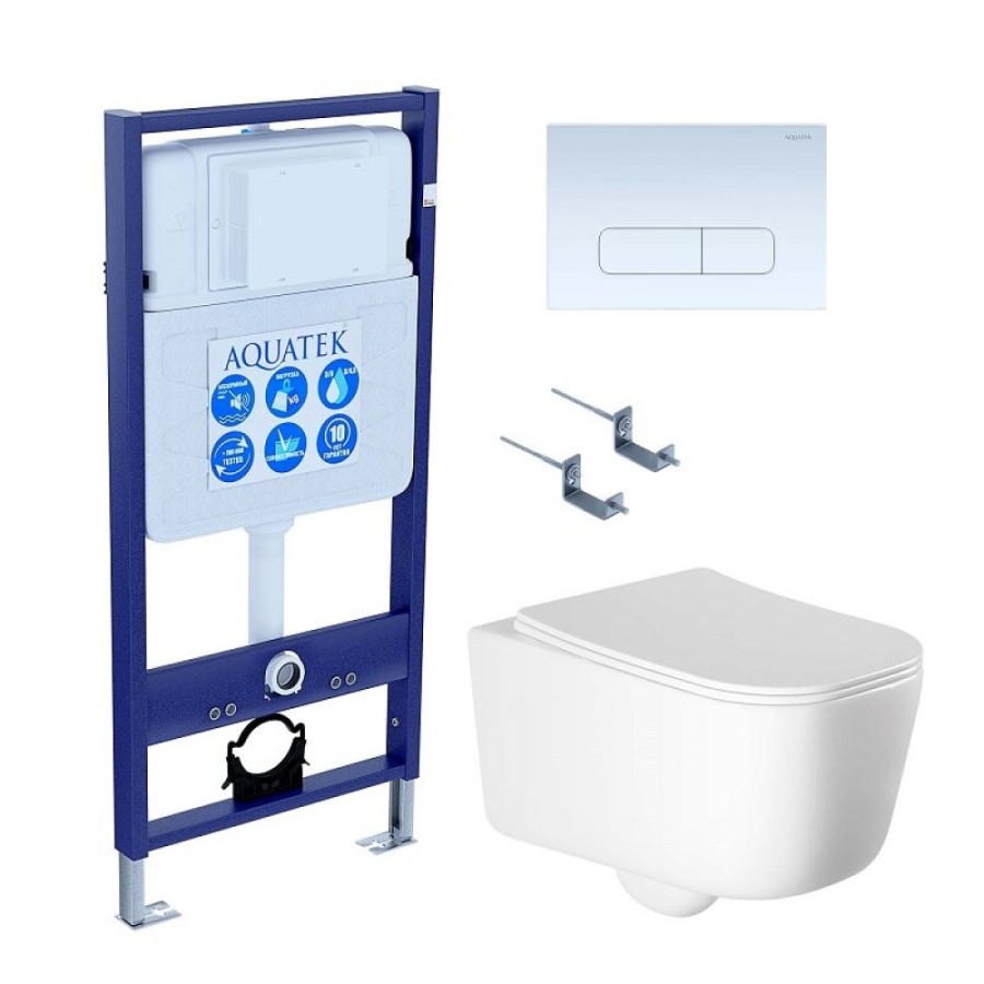 Инсталляция Aquatek Standard SET AQUATEK ЛУГАНО-013 4в1, с безободковым унитазом Лугано, крышка микролифт, крепеж в комплекте, клавиша белая