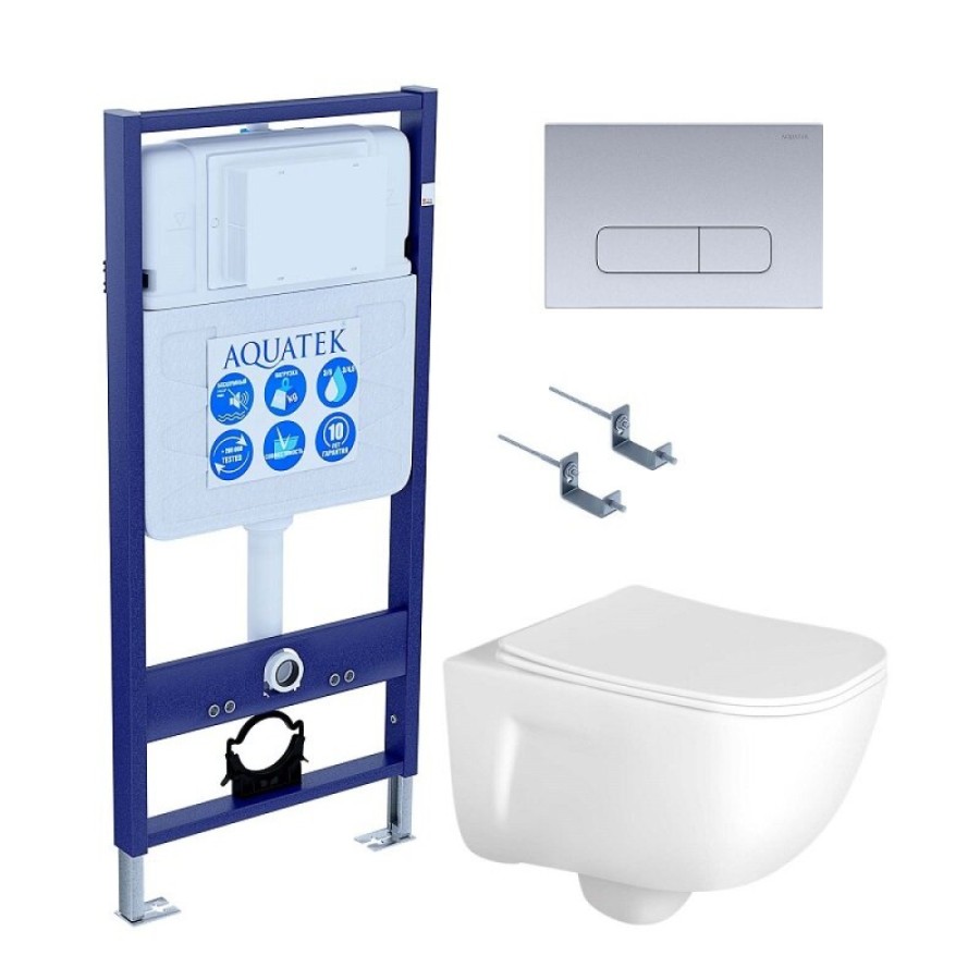 Инсталляция Aquatek Standart SET AQUATEK ДИВА-014 4в1, с безободковым унитазом Дива, крышка микролифт, крепеж в комплекте, клавиша хром матовый