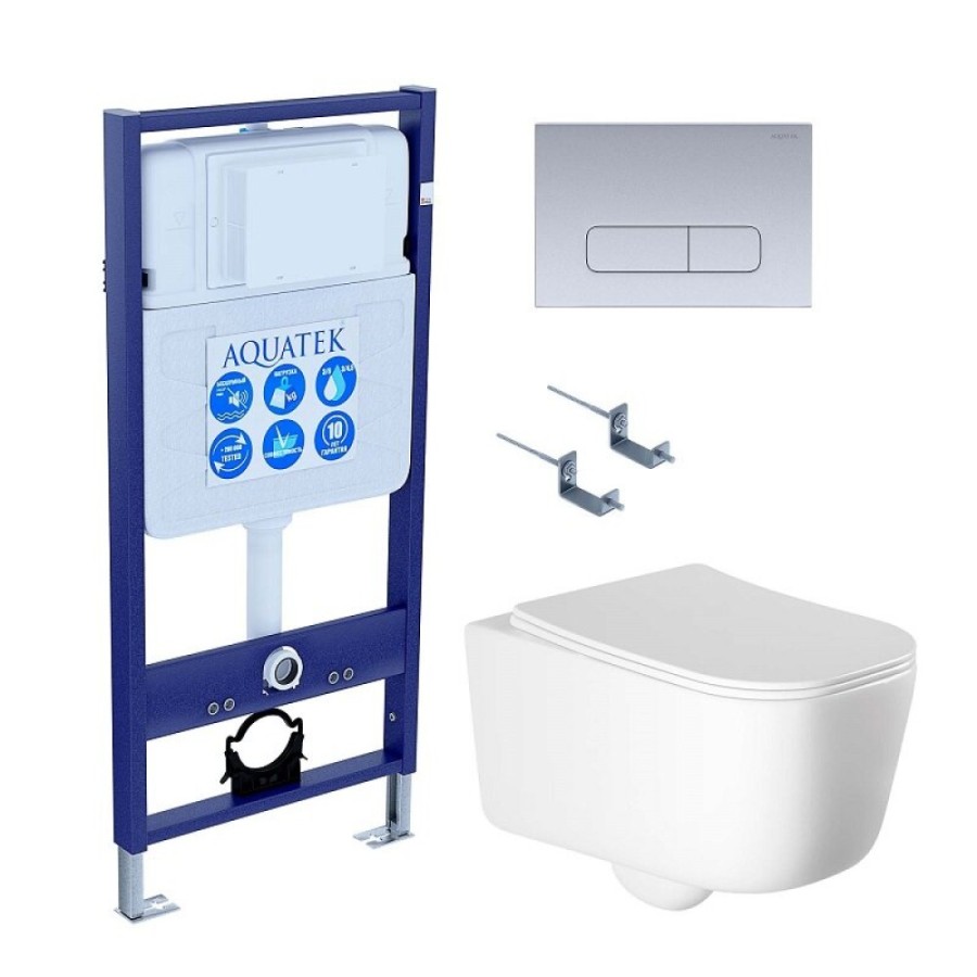 Инсталляция Aquatek Standard SET AQUATEK ЛУГАНО-014 4в1, с безободковым унитазом Лугано, крышка микролифт, крепеж в комплекте, клавиша хром матовый