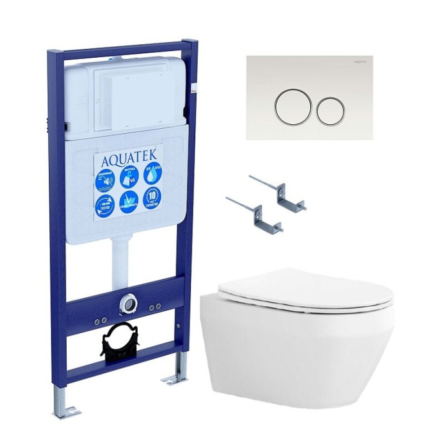 Инсталляция Aquatek Standart SET AQUATEK НИКА-015 4в1, с безободковым унитазом Ника, крышка микролифт, крепеж в комплекте, клавиша белая, ободок хром