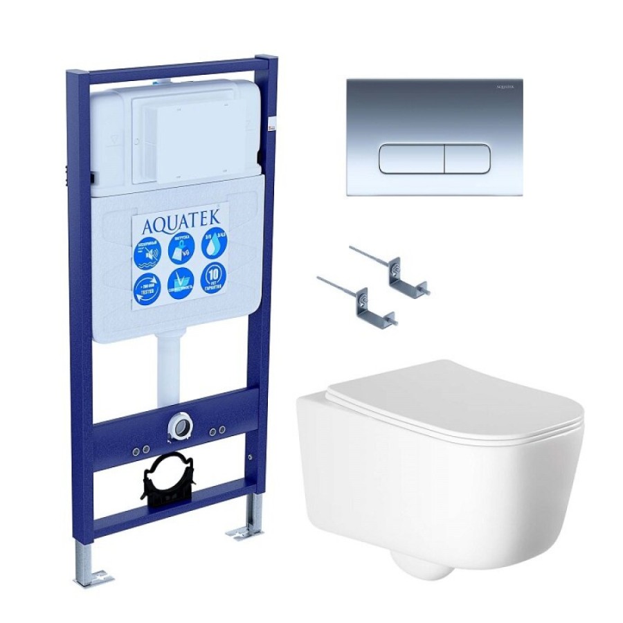 Инсталляция Aquatek Standard SET AQUATEK ЛУГАНО-016 4в1, с безободковым унитазом Лугано, крышка микролифт, крепеж в комплекте, клавиша хром глянцевый