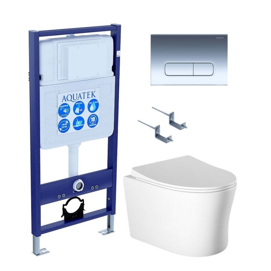 Инсталляция Aquatek Standart SET AQUATEK НИКА-016 4в1, с безободковым унитазом Ника, крышка микролифт, крепеж в комплекте, клавиша хром глянцевый
