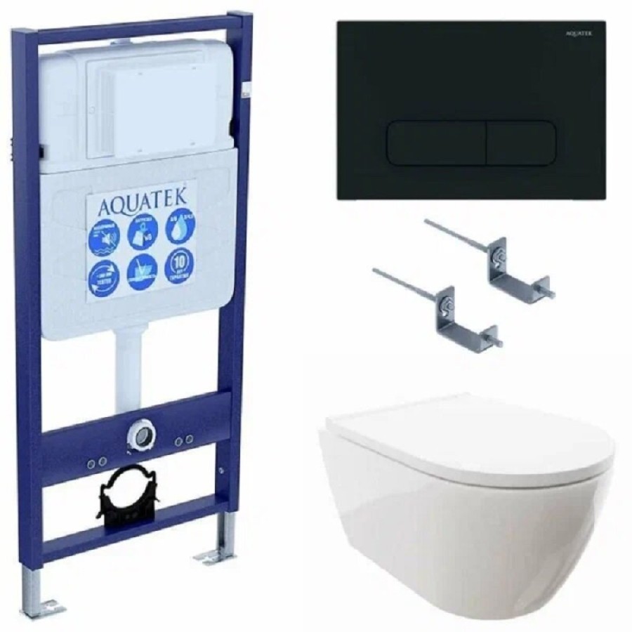 Инсталляция Aquatek Standart SET AQUATEK ДИВА-017 4в1, с безободковым унитазом Дива, крышка микролифт, крепеж в комплекте, клавиша черный матовый