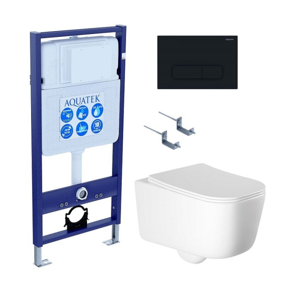Инсталляция Aquatek Standard SET AQUATEK ЛУГАНО-017 4в1, с безободковым унитазом Лугано, крышка микролифт, крепеж в комплекте, клавиша черный матовый