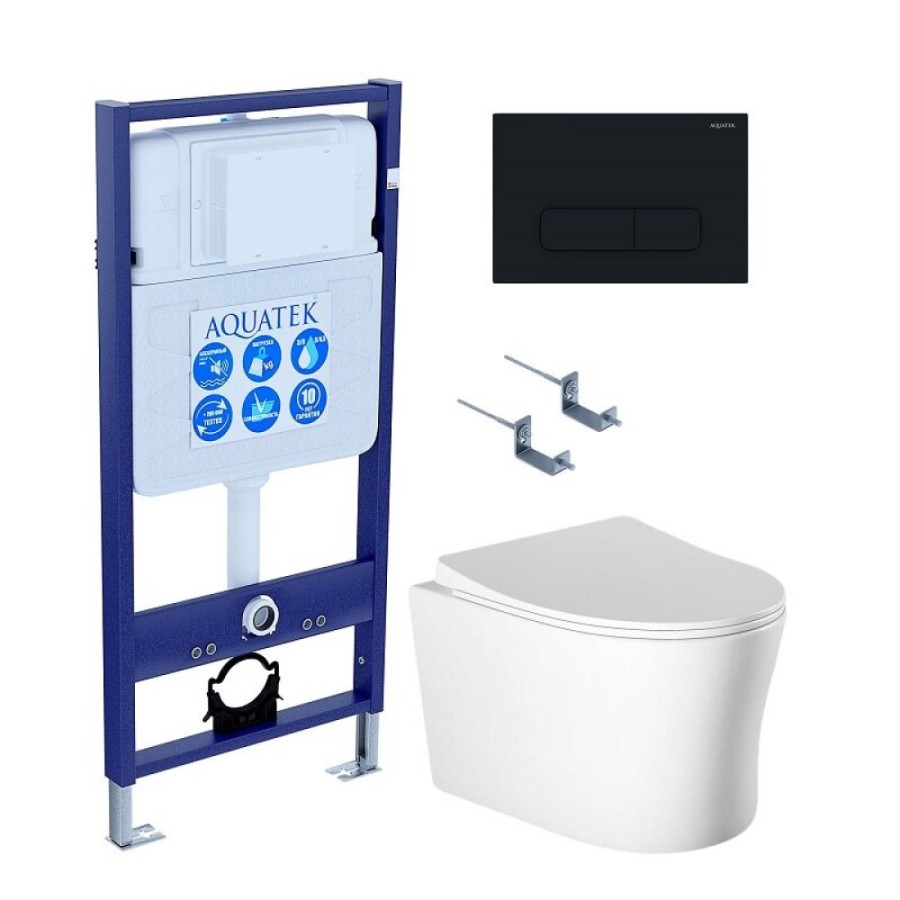 Инсталляция Aquatek Standart SET AQUATEK НИКА-017 4в1, с безободковым унитазом Ника, крышка микролифт, крепеж в комплекте, клавиша черный матовый