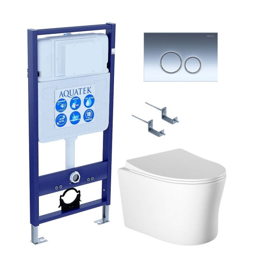 Инсталляция Aquatek Standart SET AQUATEK НИКА-018 4в1, с безободковым унитазом Ника, крышка микролифт, крепеж в комплекте, клавиша хром глянцевый