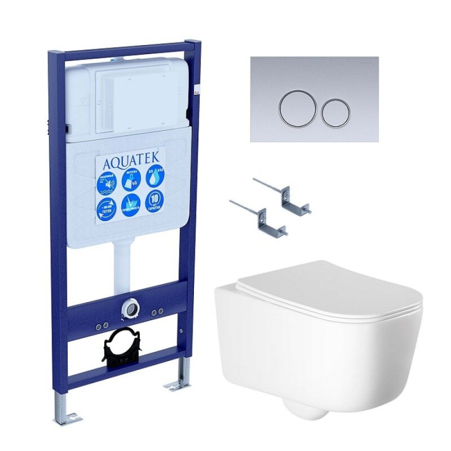 Инсталляция Aquatek Standard SET AQUATEK ЛУГАНО-019 4в1, с безободковым унитазом Лугано, крышка микролифт, крепеж в комплекте, клавиша хром матовый