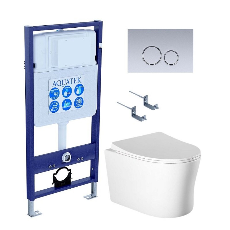 Инсталляция Aquatek Standart SET AQUATEK НИКА-019 4в1, с безободковым унитазом Ника, крышка микролифт, крепеж в комплекте, клавиша хром матовый