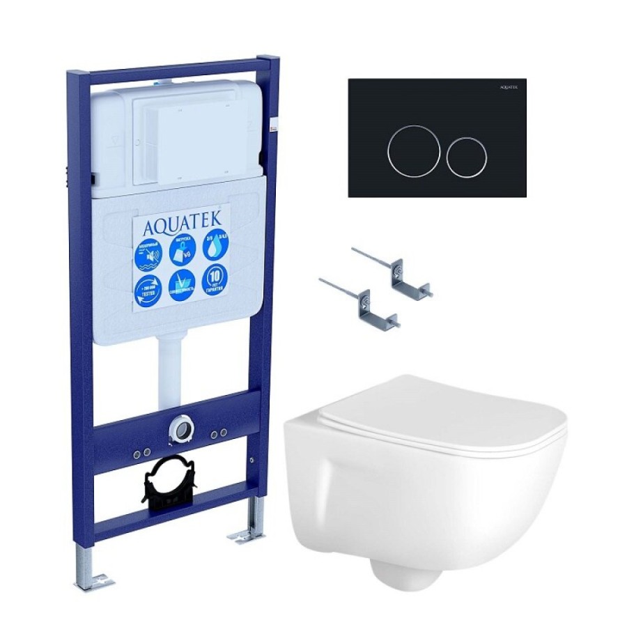 Инсталляция Aquatek Standart SET AQUATEK ДИВА-020 4в1, с безободковым унитазом Дива, крышка микролифт, крепеж в комплекте, клавиша черный матовый