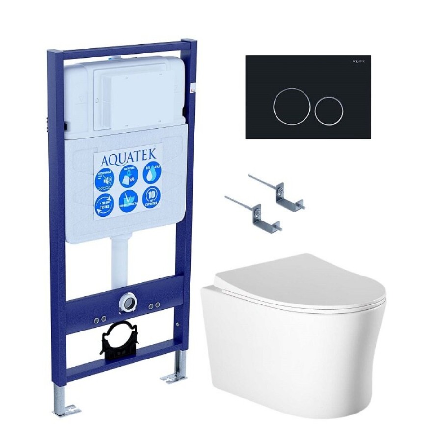 Инсталляция Aquatek Standart SET AQUATEK НИКА-020 4в1, с безободковым унитазом Ника, крышка микролифт, крепеж в комплекте, клавиша черный матовый