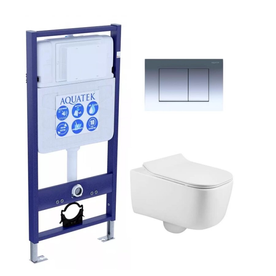Инсталляция Aquatek Standart с безободковым унитазом Aquatek Лугано SET AQUATEK ЛУГАНО 4в1, крышка микролифт, клавиша хром глянцевый, крепеж