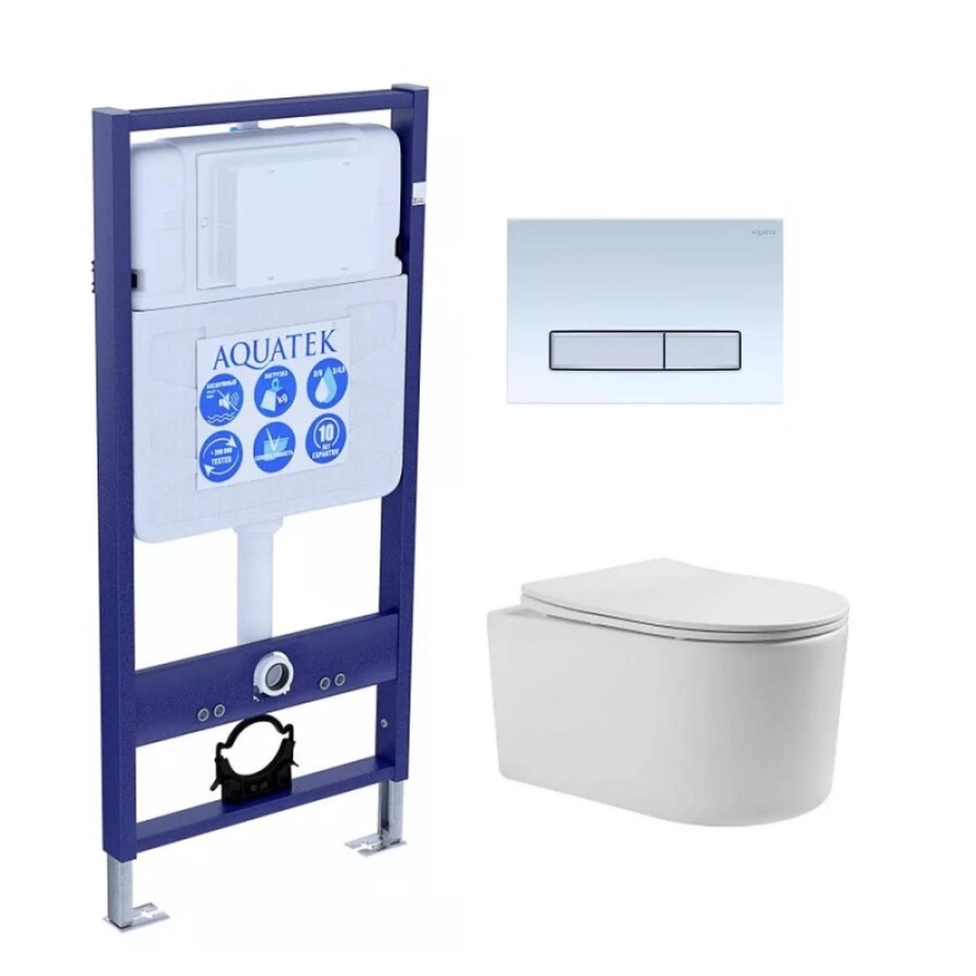Инсталляция Aquatek Standart с безободковым унитазом Aquatek Мия, крышка микролифт, клавиша белый глянцевый, крепеж, SET AQUATEK МИЯ 4в1