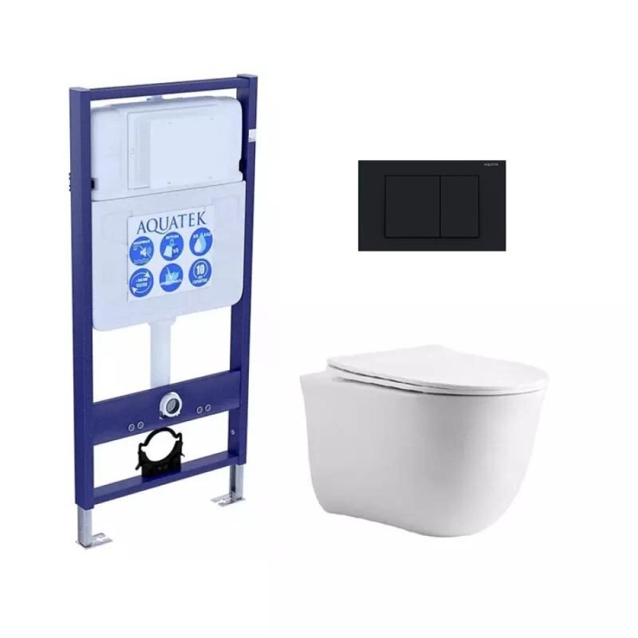 Инсталляция Aquatek Standart с безободковым унитазом Aquatek Классик, крышка микролифт, клавиша черная, крепеж в комплекте, SET AQUATEK КЛАССИК cm-012 4в1