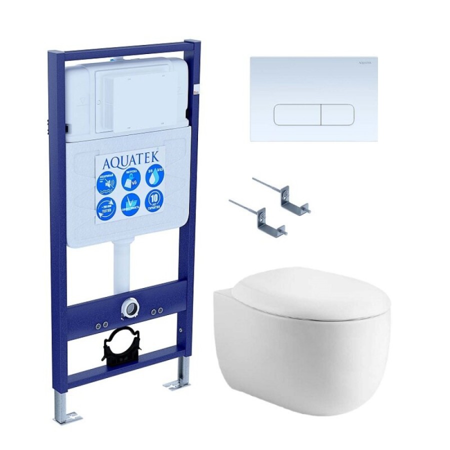 Инсталляция Aquatek Standart SET AQUATEK АЛЬТАИР cm-013 4в1, с безободковым унитазом Альтаир, крышка микролифт, крепеж в комплекте, клавиша белая