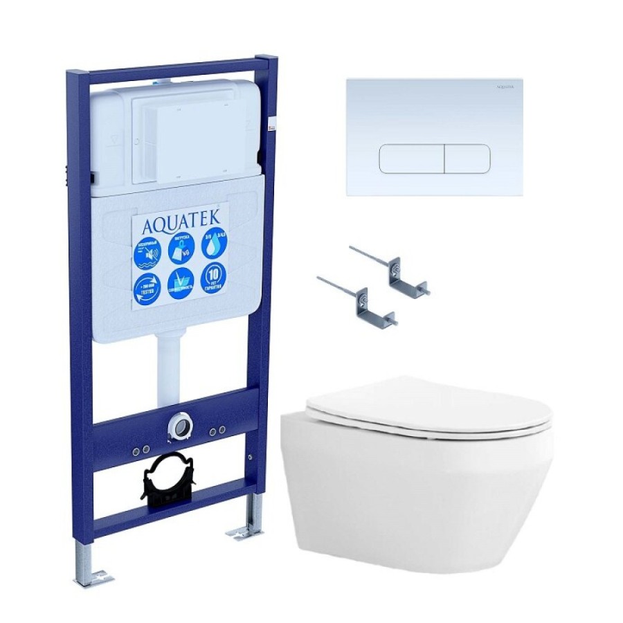 Инсталляция Aquatek Standart SET AQUATEK ЛЕЯ cm-013 4в1, с безободковым унитазом Лея, крышка микролифт, крепеж в комплекте, клавиша белая