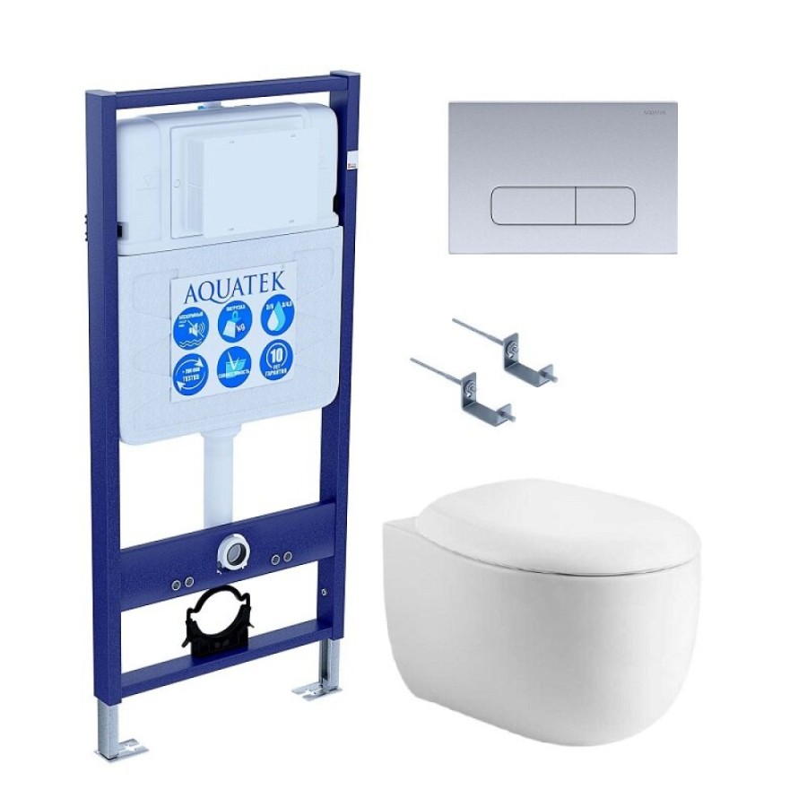 Инсталляция Aquatek Standart SET AQUATEK АЛЬТАИР cm-014 4в1, с безободковым унитазом Альтаир, крышка микролифт, крепеж в комплекте, клавиша хром матовый