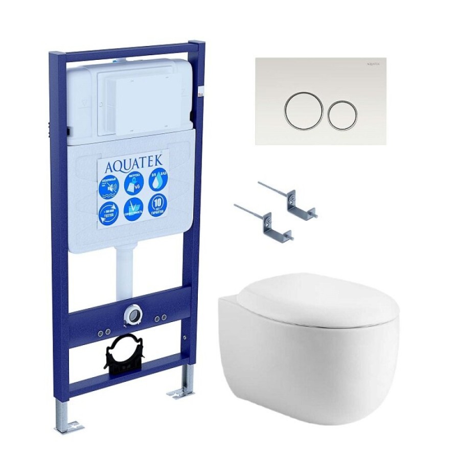 Инсталляция Aquatek Standart SET AQUATEK АЛЬТАИР cm-015 4в1, с безободковым унитазом Альтаир, крышка микролифт, крепеж в комплекте, клавиша белая, ободок хром