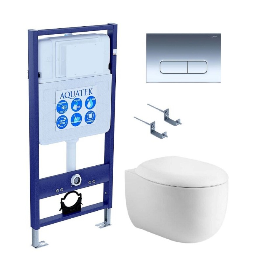 Инсталляция Aquatek Standart SET AQUATEK АЛЬТАИР cm-016 4в1, с безободковым унитазом Альтаир, крышка микролифт, крепеж в комплекте, клавиша хром глянцевый
