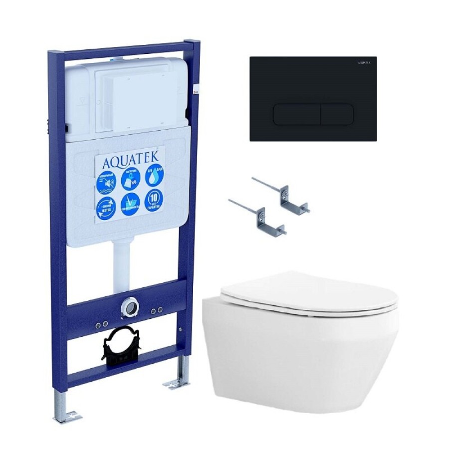 Инсталляция Aquatek Standart SET AQUATEK ЛЕЯ cm-017 4в1, с безободковым унитазом Лея, крышка микролифт, крепеж в комплекте, клавиша черный матовый