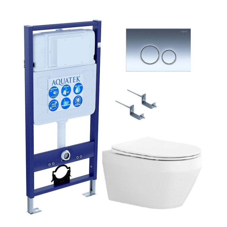 Инсталляция Aquatek Standart SET AQUATEK ЛЕЯ cm-018 4в1, с безободковым унитазом Лея, крышка микролифт, крепеж в комплекте, клавиша хром глянцевый