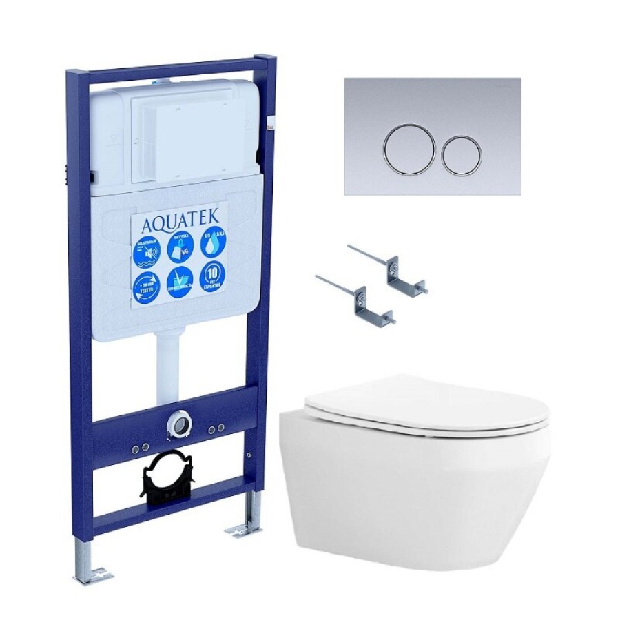Инсталляция Aquatek Standart SET AQUATEK ЛЕЯ cm-019 4в1, с безободковым унитазом Лея, крышка микролифт, крепеж в комплекте, клавиша хром матовый