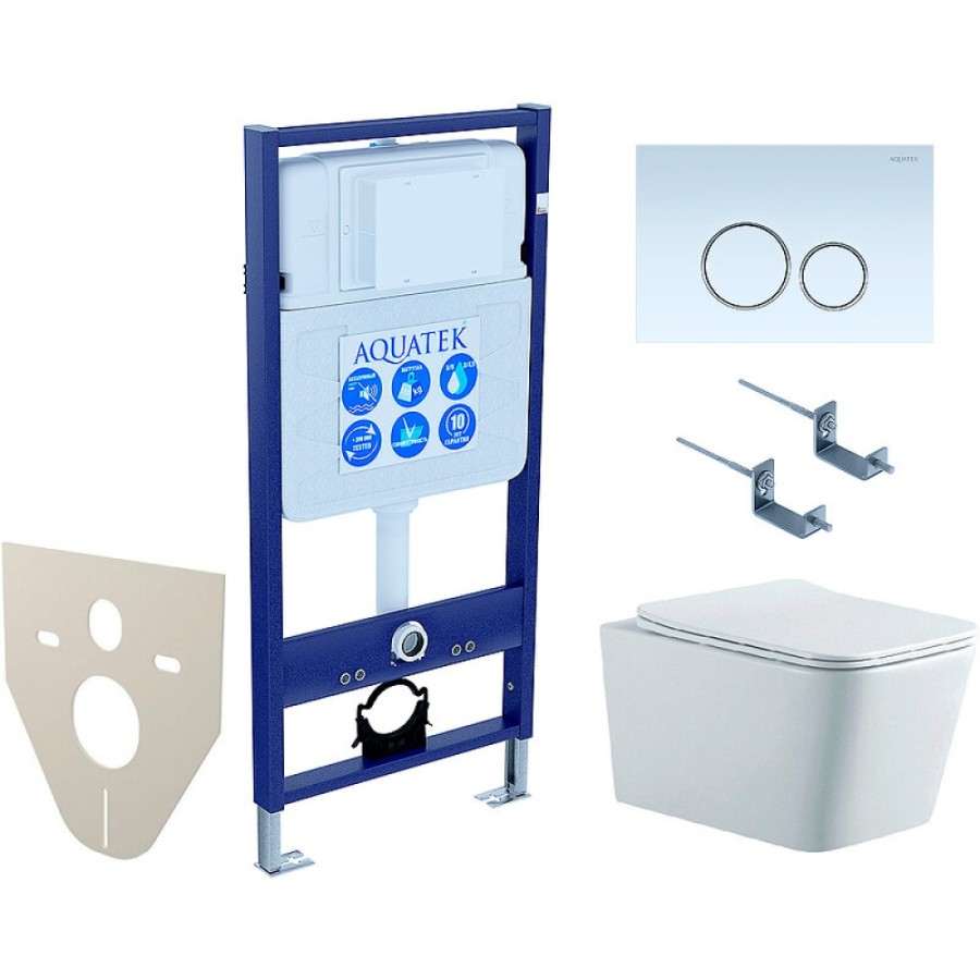 Комплект SET AQUATEK ЛИБРА N KDI15: инсталляция Standard INS-0000012 безободковый унитаз Либра N AQ0530N-00, белый, крышка soft-close, клавиша белая KDI-0000015, ободки хром