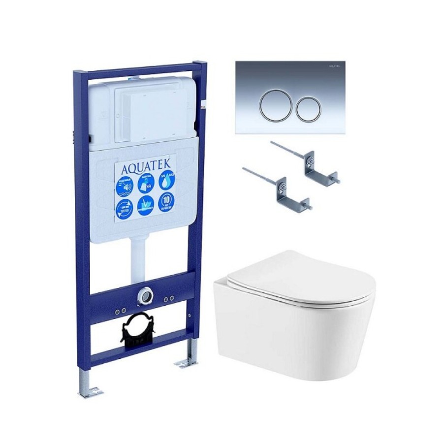 Инсталляция Aquatek Standard 50 SET AQUATEK ОБЕРОН T KDI18, с безободковым унитазом ОБЕРОН AQ1365T-00 с сиденьем soft close, белый, Торнадо, клавиша хром