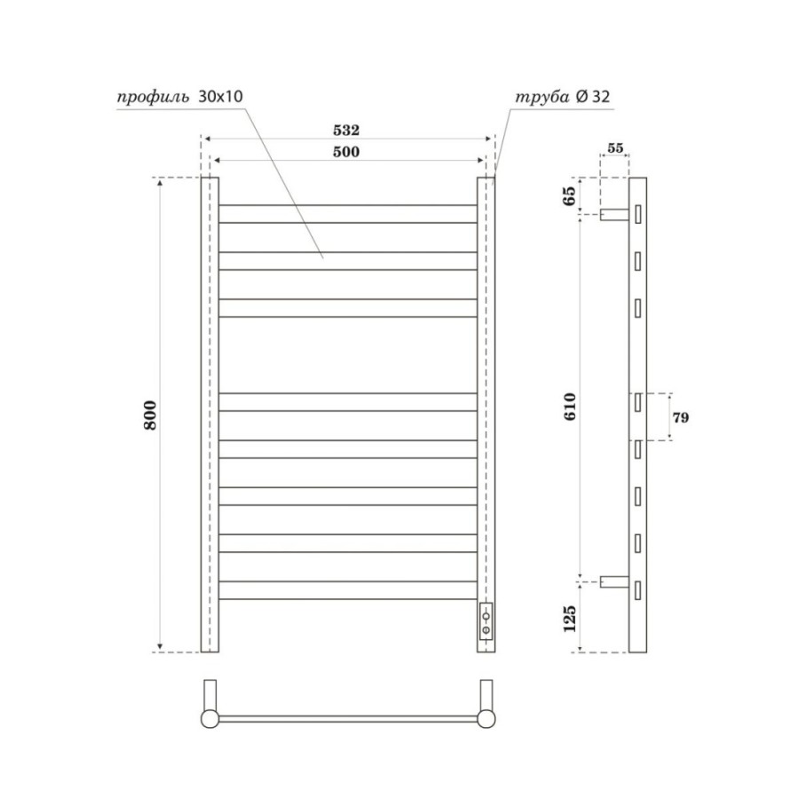 Полотенцесушитель электрический Apextermo Sfera SF00185WM, ширина 50 см, высота 80 см, диммер справа, цвет белый матовый