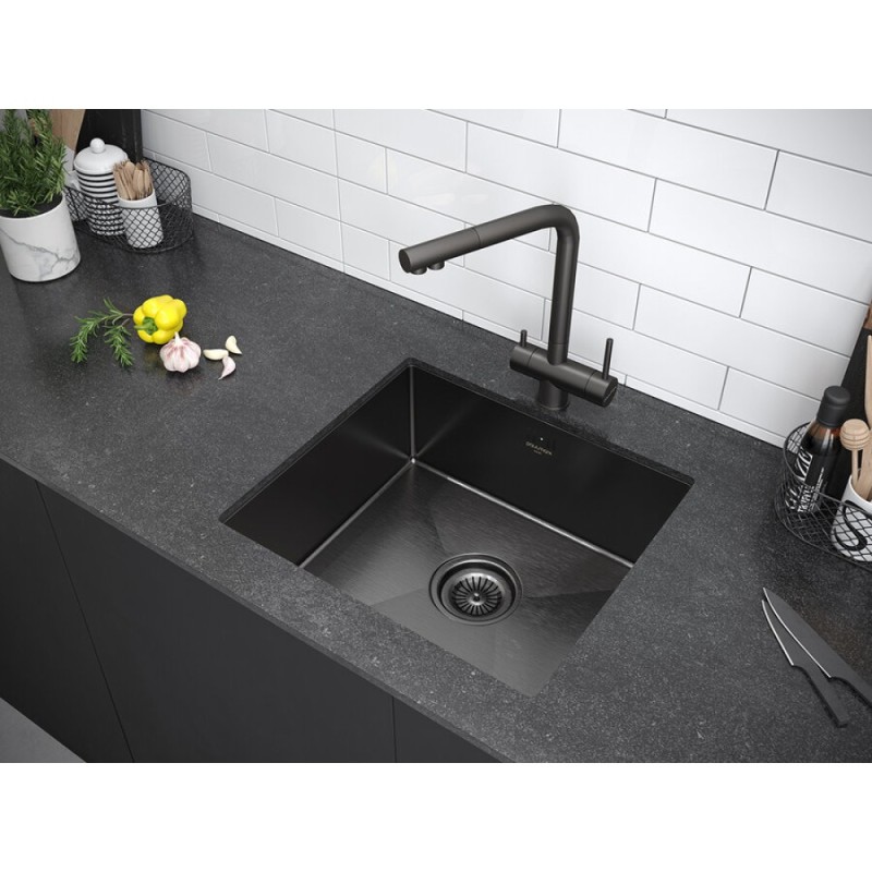 Смеситель Paulmark Skalen Sk213020-GM для кухонной мойки, с подключением к фильтру, вороненая сталь