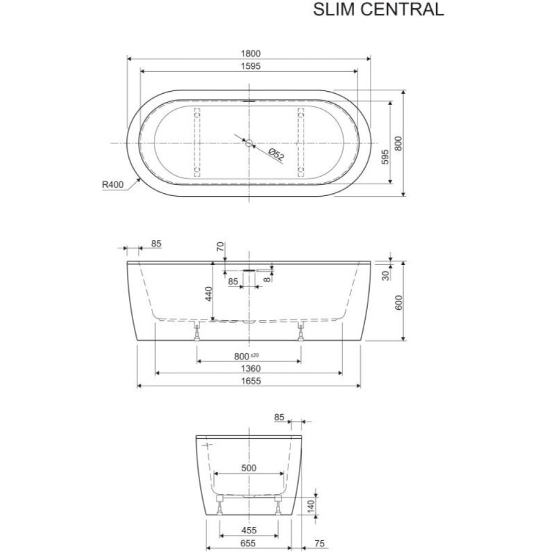 Ванна акриловая Cezares Slim Central, 180 х 80 см, отдельностоящая, белая фронтальная панель, чаша белая, SLIM CENTRAL-180-80-60-W37-SET