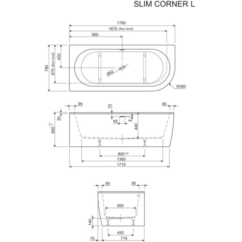 Ванна акриловая Cezares Slim Corner, 179 х 79 см, черная фронтальная панель, чаша белая, левая/правая