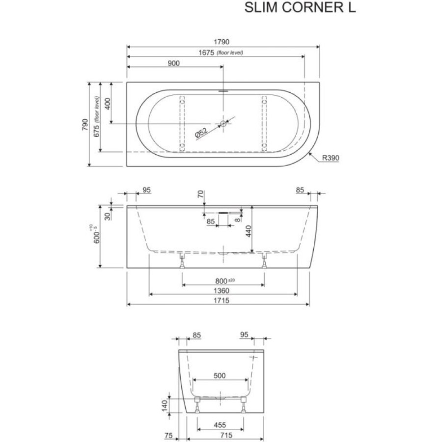 Ванна акриловая Cezares Slim Corner, 179 х 79 см, белая фронтальная панель, чаша белая, левая/правая