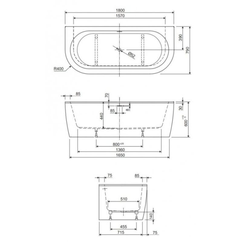 Ванна акриловая Cezares Slim Wall-180-80-44-W37, 180 x 80 см, белый