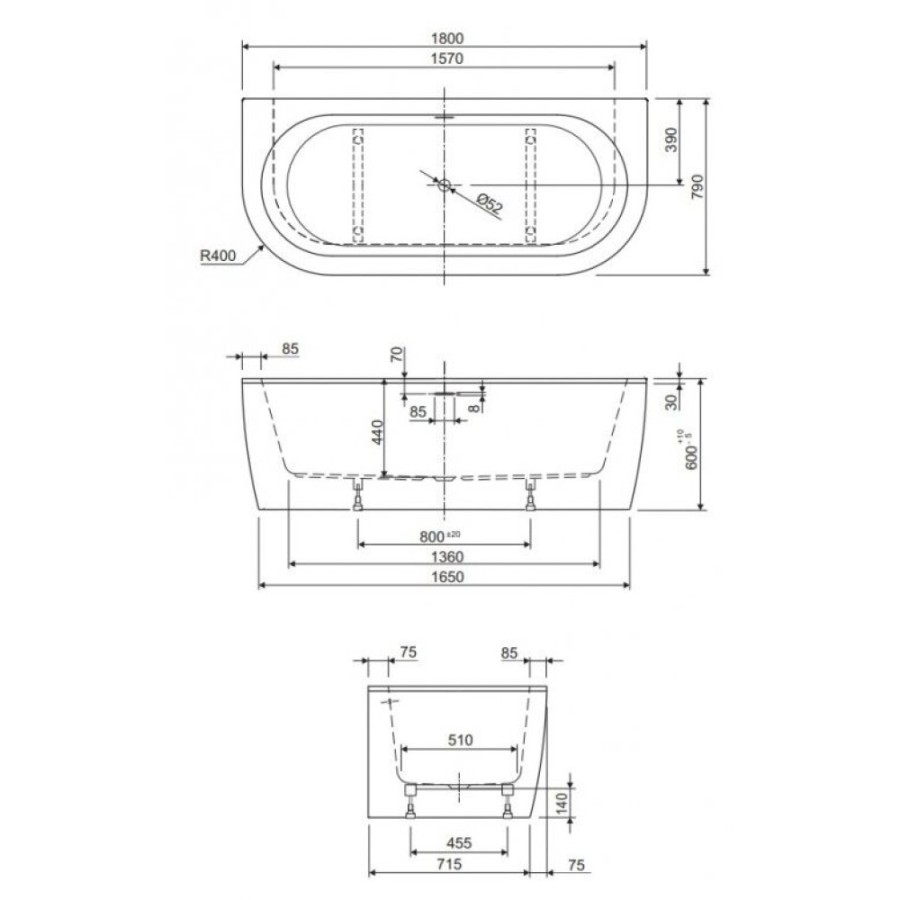 Ванна акриловая Cezares Slim Wall-180-80-44-W37, 180 x 80 см, белый