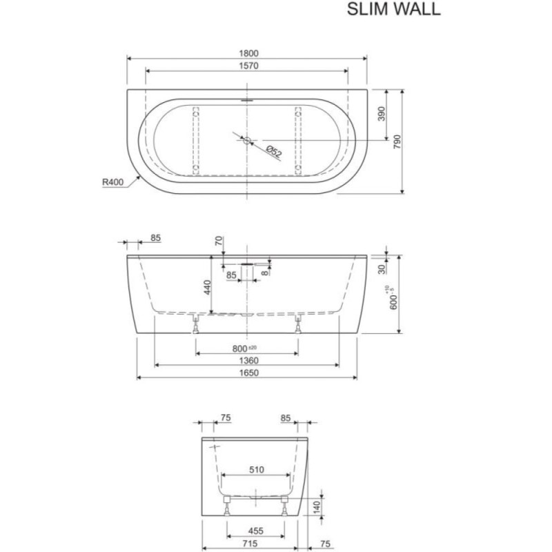 Ванна акриловая Cezares Slim Wall, 180 х 79 см, белая фронтальная панель, чаша белая, SLIM WALL-180-80-60-W37-SET