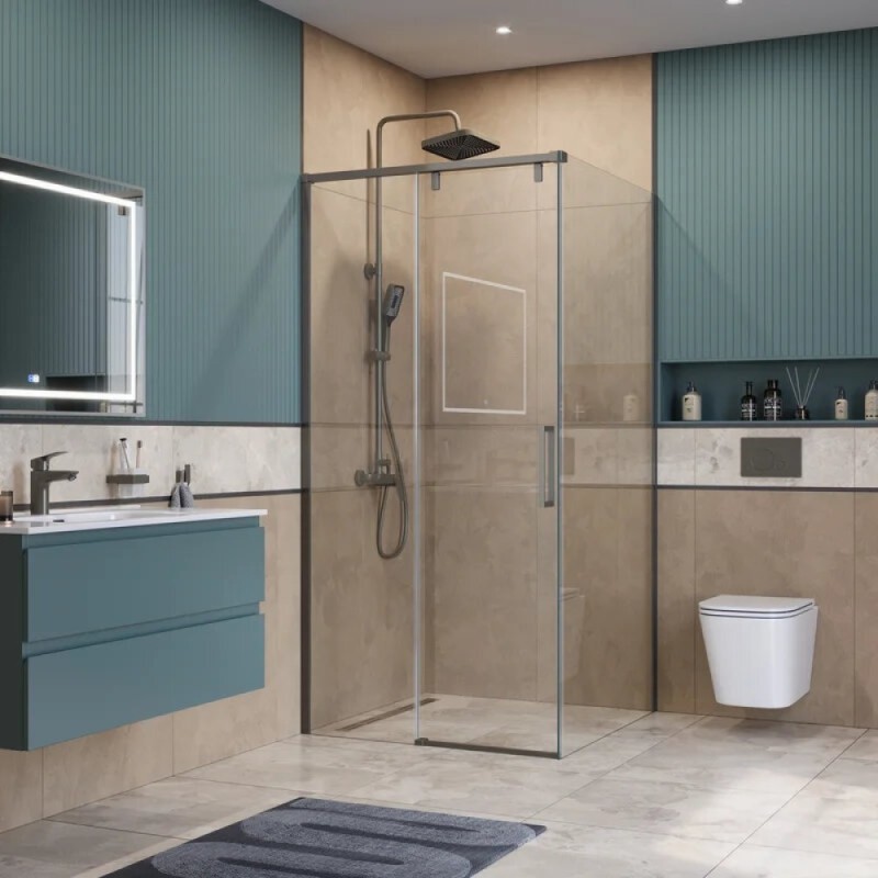 Душевой уголок BelBagno SOFT_CLOSE-1-AH-1-100/90-C-GM, 100 х 90 см, стекло прозрачное, профиль вороненая сталь, gunmetal