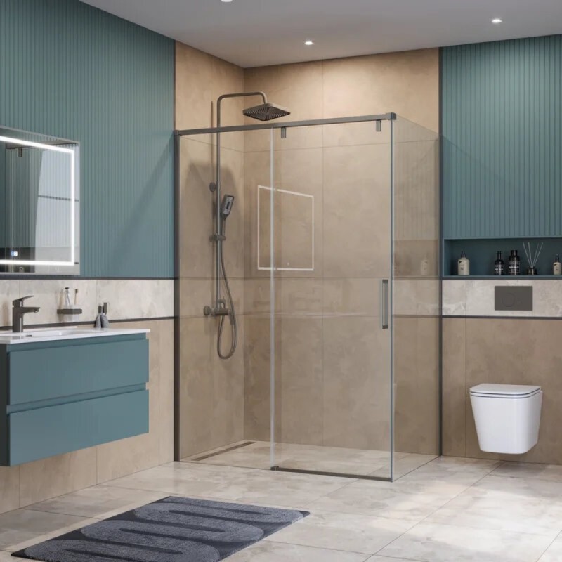 Душевой уголок BelBagno SOFT_CLOSE-1-AH-1-140/80-C-GM, 140 х 80 см, стекло прозрачное, профиль вороненая сталь, gunmetal